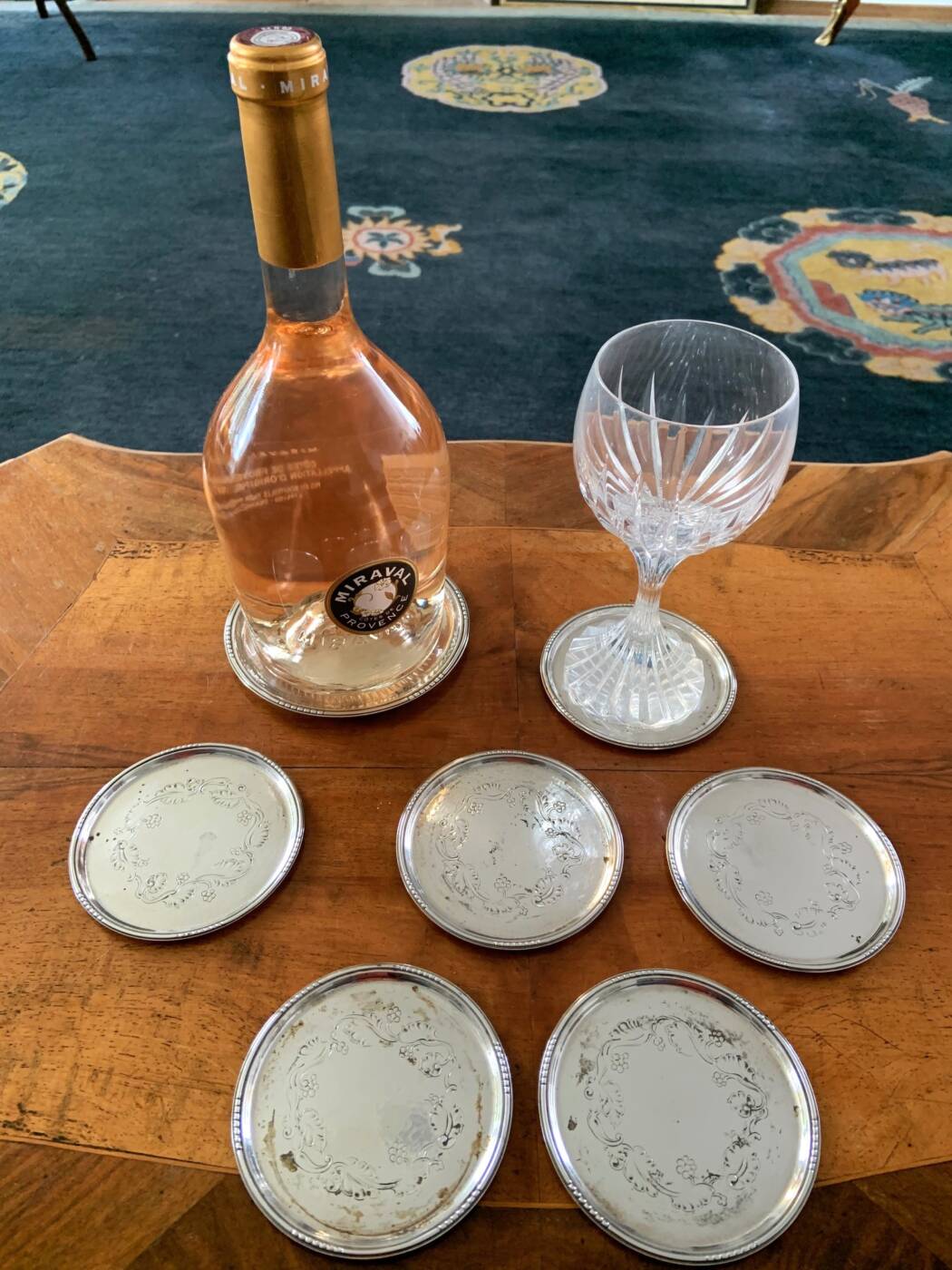 Georg Jensen Silversmiths, Mid Century Modern, sterling silver bottle coaster, hors d'oeuvres plate #51 D, vine leaf decor, Copenhagen Denmark after 1945.