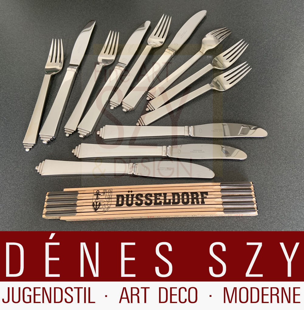Set Art Déco di forchette e coltelli da tavola per 6 persone, 12 pezzi, Design: Harald Nielsen 1927 - Pyramid Collection, Esecuzione: Georg Jensen, Copenaghen ca. 1950, Danimarca, Argento 925