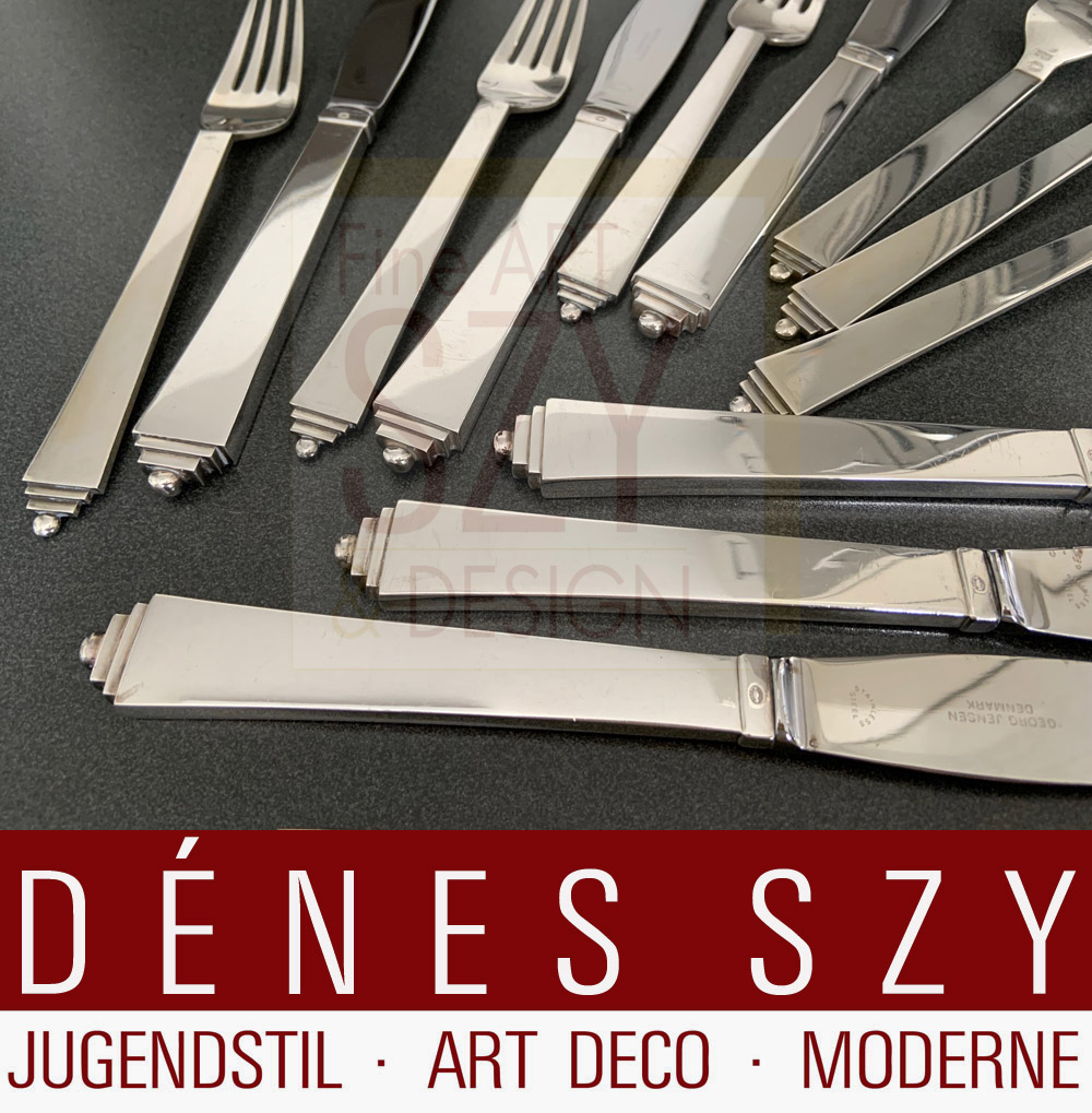 Set Art Déco di forchette e coltelli da tavola per 6 persone, 12 pezzi, Design: Harald Nielsen 1927 - Pyramid Collection, Esecuzione: Georg Jensen, Copenaghen ca. 1950, Danimarca, Argento 925