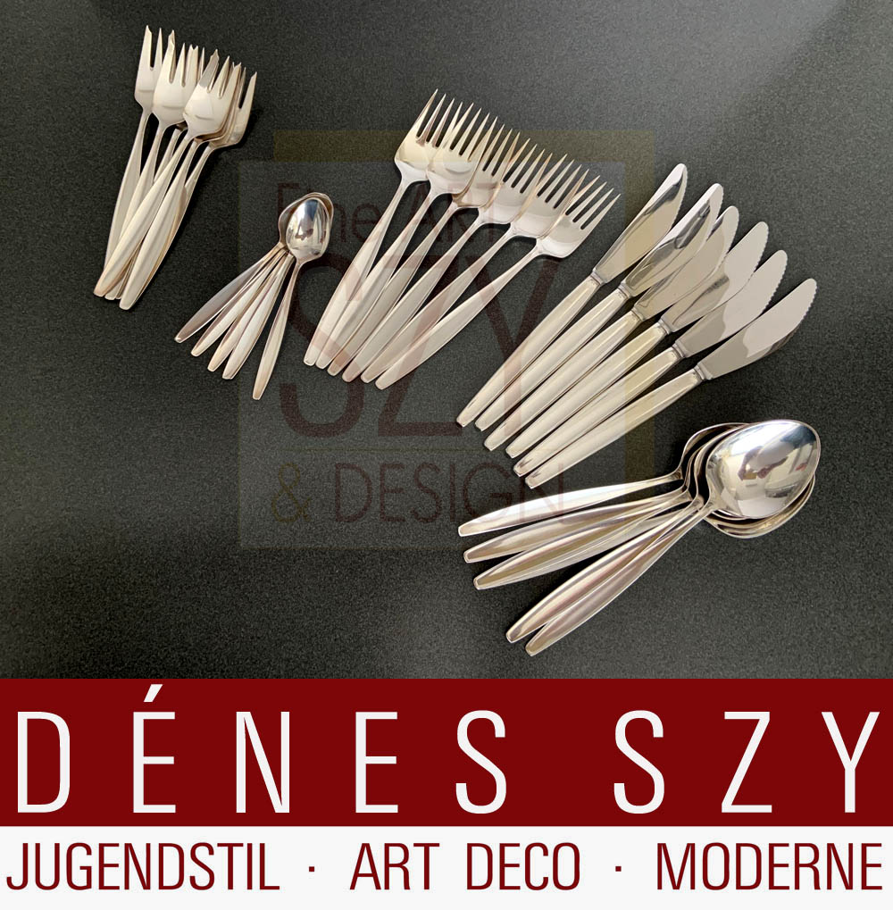 Servizio di posate per 6 persone, modello Cypress / Cypres #99, 30 parti, Modello: Tias Eckhoff 1954, Esecuzione: argentieri Georg Jensen, Copenaghen anni '50 circa, argento sterling