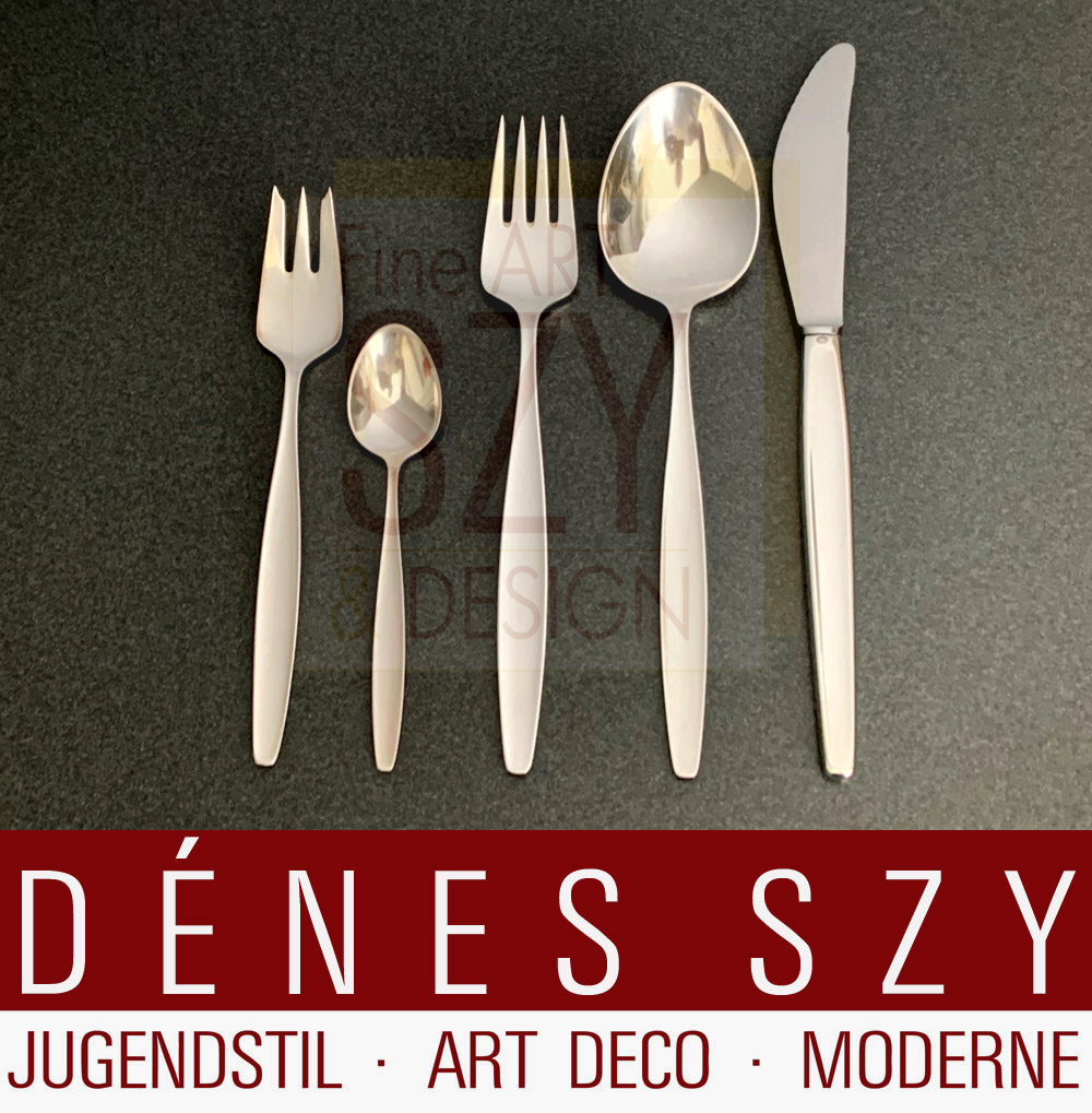 Servizio di posate per 6 persone, modello Cypress / Cypres #99, 30 parti, Modello: Tias Eckhoff 1954, Esecuzione: argentieri Georg Jensen, Copenaghen anni '50 circa, argento sterling