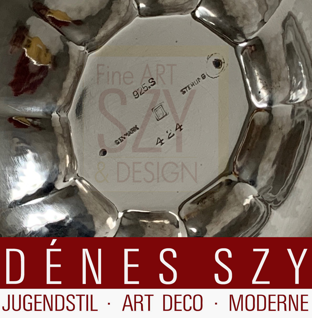 Ciotola dessert, frutta, panna #424 con inserto in vetro cristallo originale, Design: Johan Rohde ca. 1920, Georg Jensen, Copenaghen Danimarca 1933-44, Argento 925