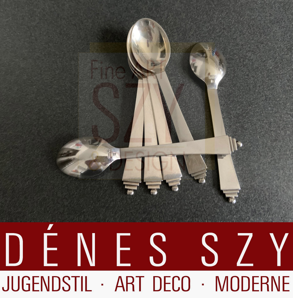 Set di sei cucchiaino da caffè Art Déco, Modello piramide / pyramid n. 15, Design: Harald Nielsen 1927, Esecuzione: argentieri Georg Jensen, Copenhagen 1933-44, argento sterling, 925S