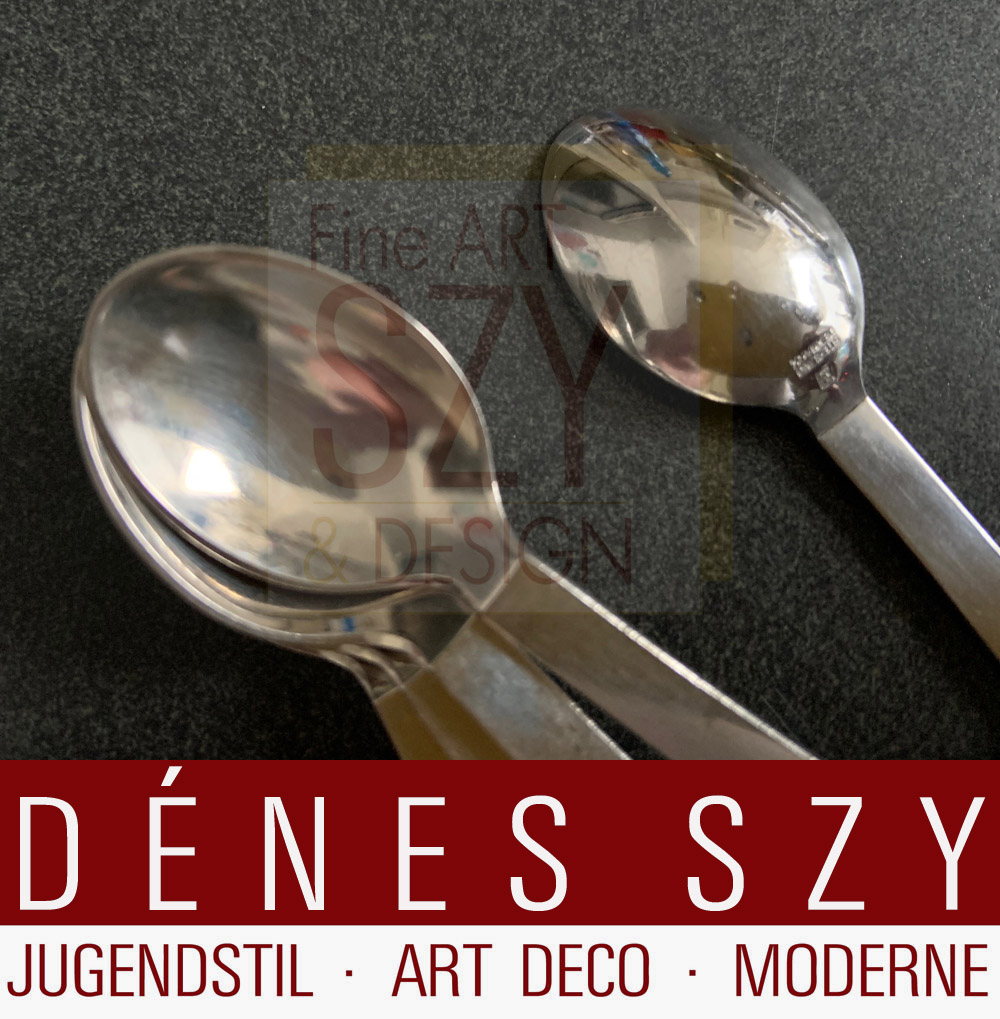 Set di sei cucchiaino da caffè Art Déco, Modello piramide / pyramid n. 15, Design: Harald Nielsen 1927, Esecuzione: argentieri Georg Jensen, Copenhagen 1933-44, argento sterling, 925S