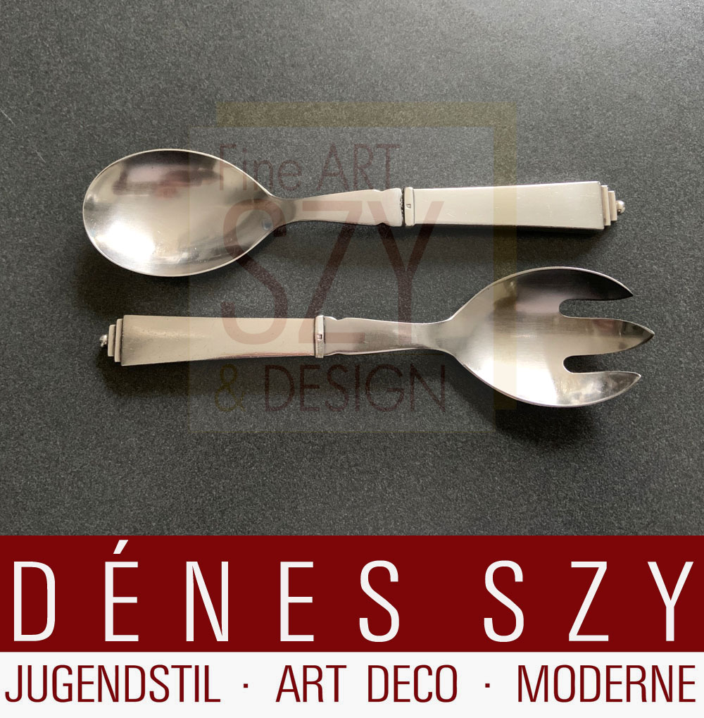 Paio di posate da insalata Art Déco, Modello Piramide / pyramid 15, Design: Harald Nielsen 1927, Esecuzione: argentieri Georg Jensen, Copenhagen 1933-44, argento sterling, 925S e acciaio