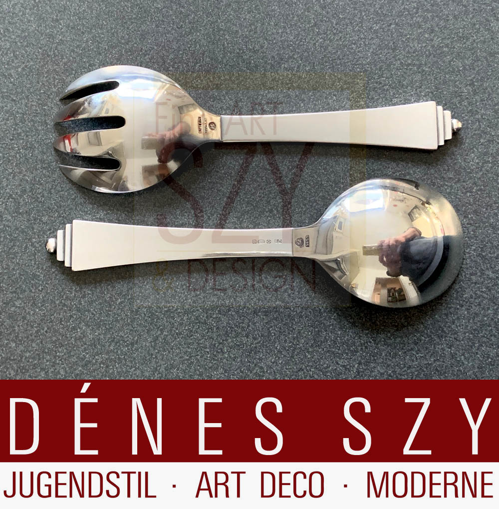 Posate da insalata, Posate, posate d'argento Art Déco, Modello: piramide # 15, Design: Harald Nielsen 1927, Esecuzione: Georg Jensen argentieri Copenaghen 1930, Danimarca, argento sterling