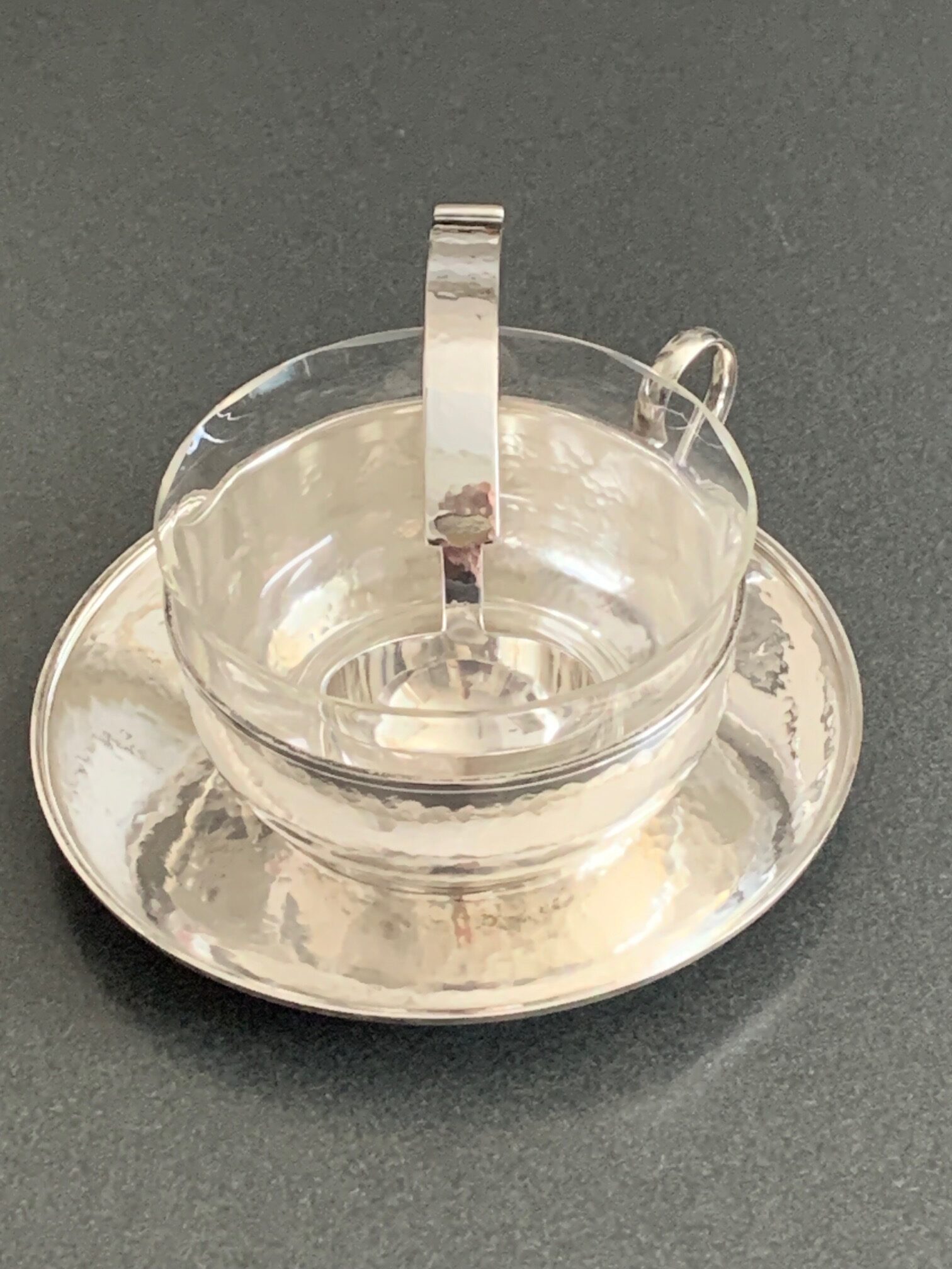 Art Deco teacup with saucer and crystal insert, handmade, silver 835, Gumbel #482 Heilbronn around 1930