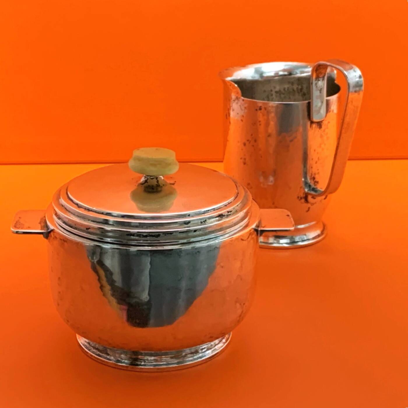 Antique 835 silver creamer and sugar box, 1920/30 by David (Detlev) Heinz Gumbel, German, Israeli Silversmiths for the Modern Age