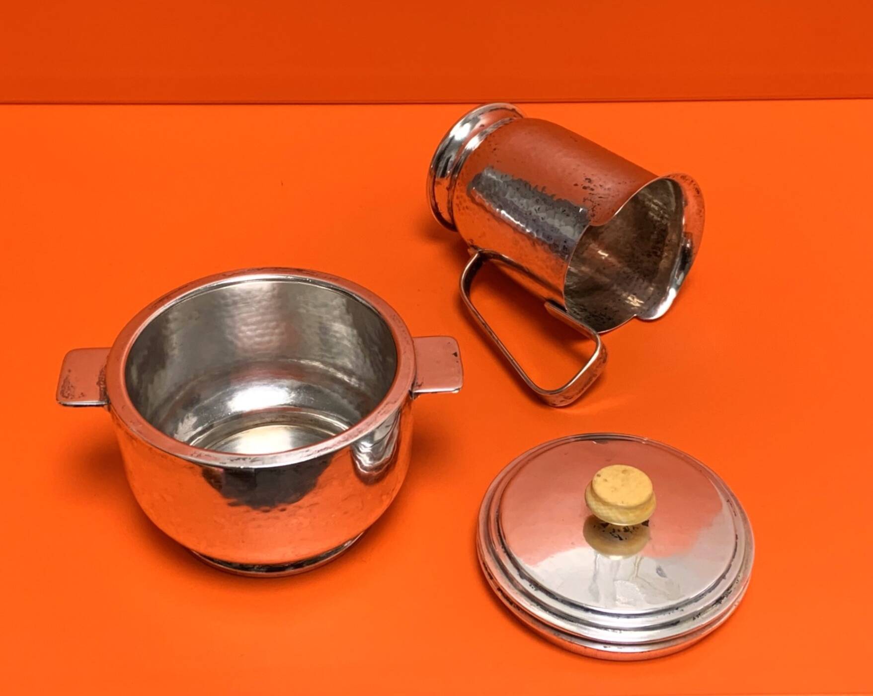 Antique 835 silver creamer and sugar box, 1920/30 by David (Detlev) Heinz Gumbel, German, Israeli Silversmiths for the Modern Age