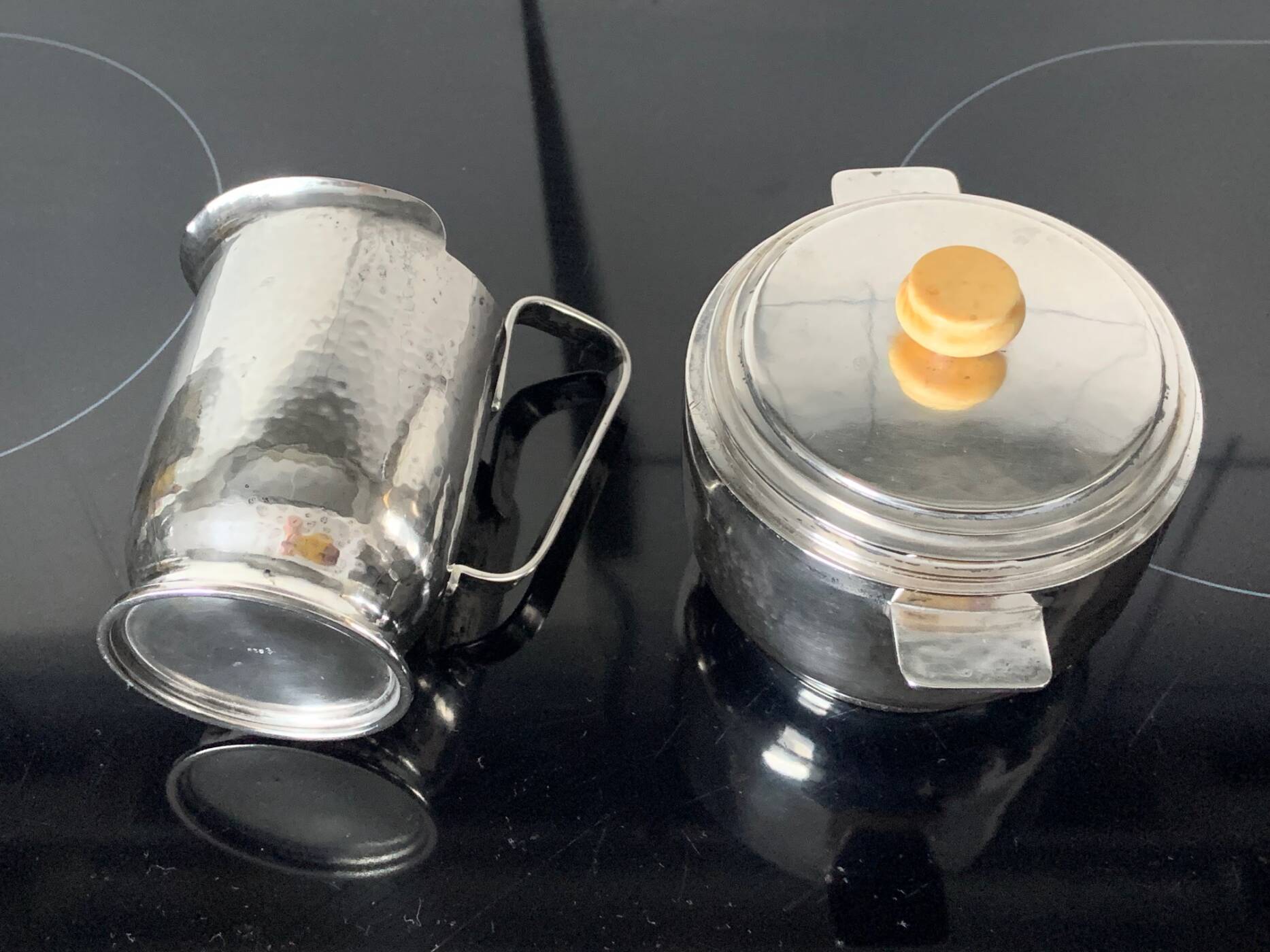 Antique 835 silver creamer and sugar box, 1920/30 by David (Detlev) Heinz Gumbel, German, Israeli Silversmiths for the Modern Age