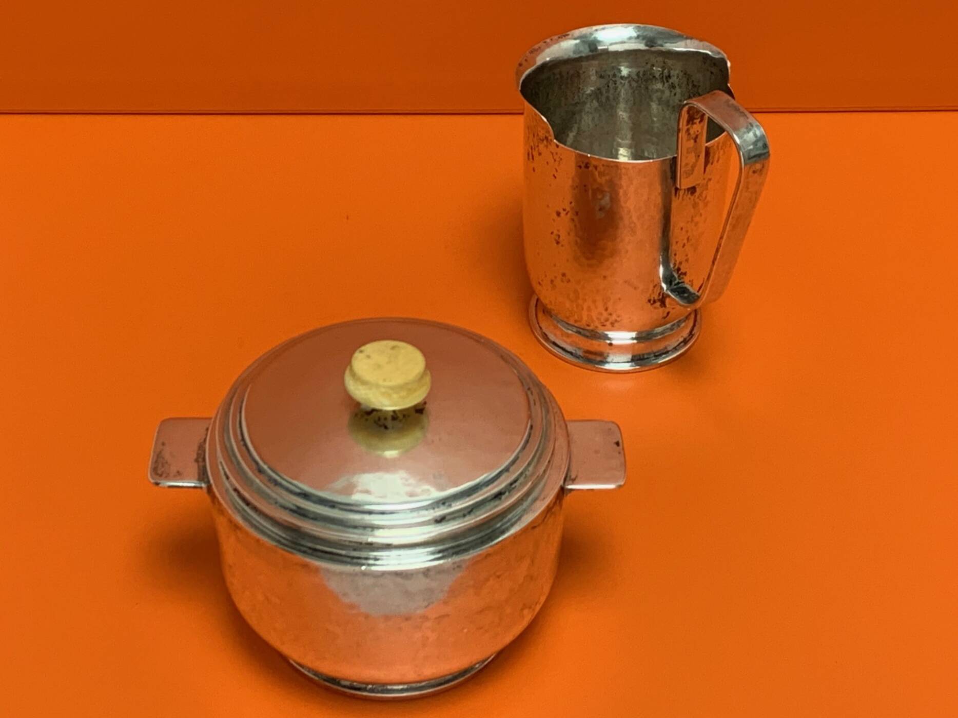 Antique 835 silver creamer and sugar box, 1920/30 by David (Detlev) Heinz Gumbel, German, Israeli Silversmiths for the Modern Age