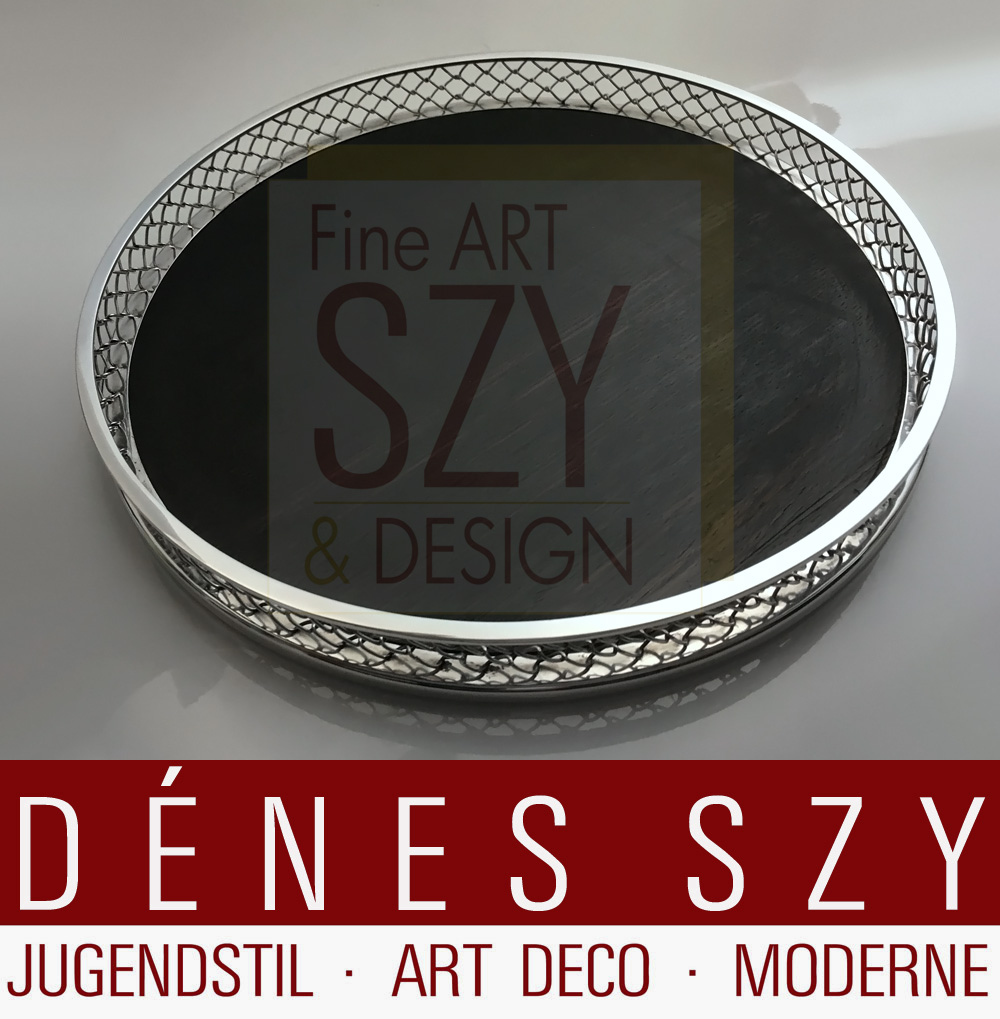 Vassoio rotondo moderno Mid Century, Argento 925 con legni pregiati, Design: Svend Weihrauch anni '40, Esecuzione: argentieri Frantz Hingelberg, Aarhus 1948-71, Danimarca, argento sterling