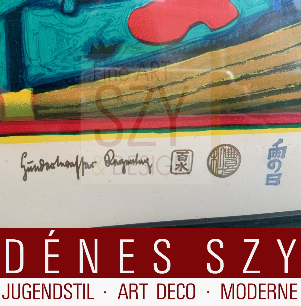 Foglio 4 dal portfolio "Look at it on a rainy day" - "Regentag", Serigrafia a colori con goffratura metallica su cartone (di Schoeller-Stern), Firmato e numerato 2123/3000, timbro giapponese, timbro in rilievo, stampato da Dietz Offizin, Lengmoss 1971, pubblicato da Ars Vita, Zurigo 1972