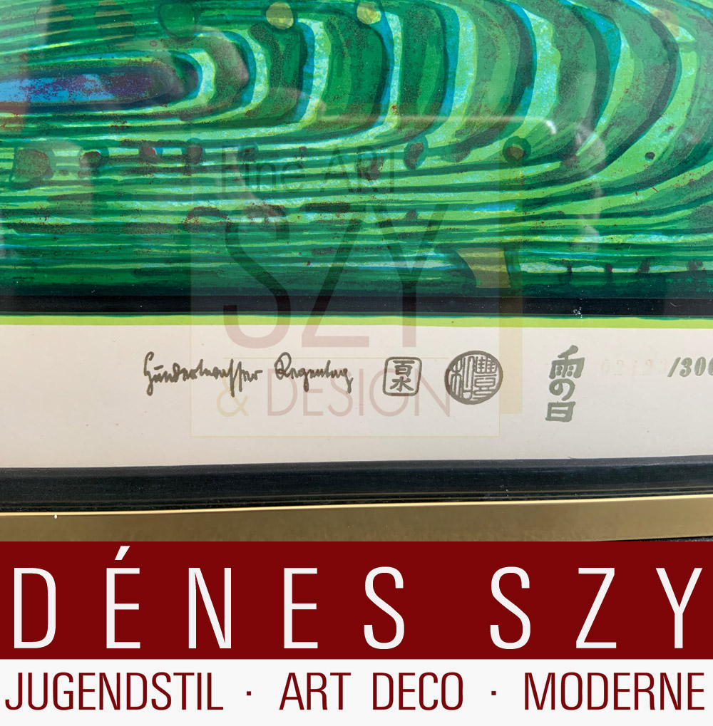 Foglio 7 dal portfolio "Look at it on a rainy day" - "Regentag", Serigrafia a colori con goffratura metallica su cartone (di Schoeller-Stern), Firmato e numerato 2123/3000, timbro giapponese, timbro in rilievo, stampato da Dietz Offizin, Lengmoss 1971, pubblicato da Ars Vita, Zurigo 1972