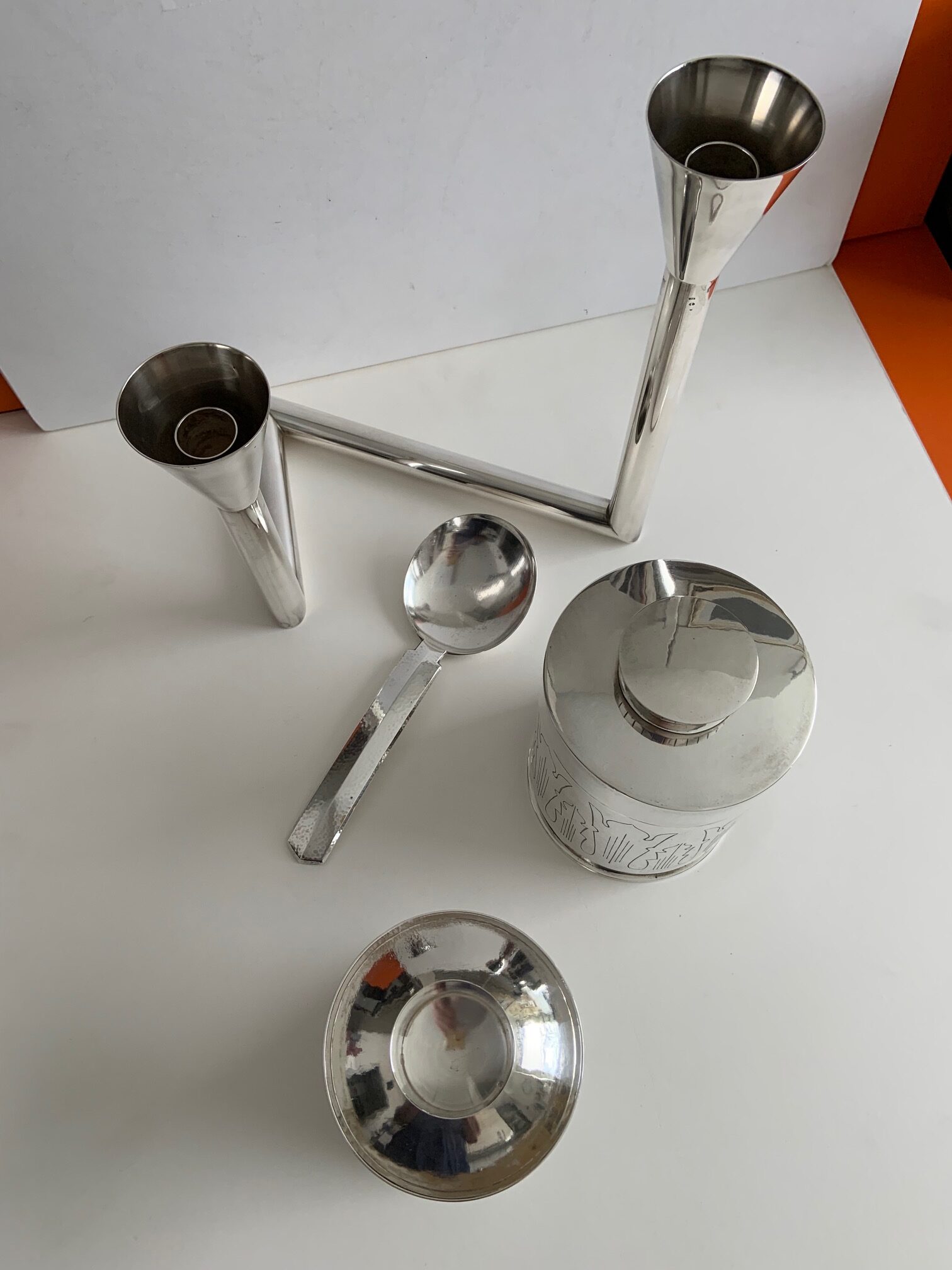 Modern handmade tobacco jar, silver 835 with gold plating inside, Buahaus around 1940