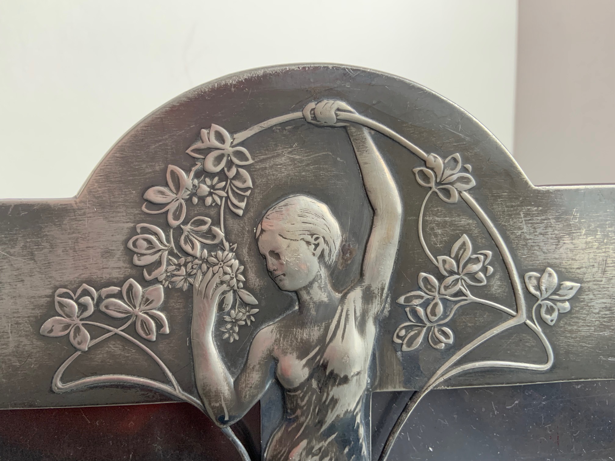 German Art Nouveau photo stand frame, c. 1900, WMF company mark, Geislingen, plated, double frame with ornamental and figural decoration, silver plating rubbed