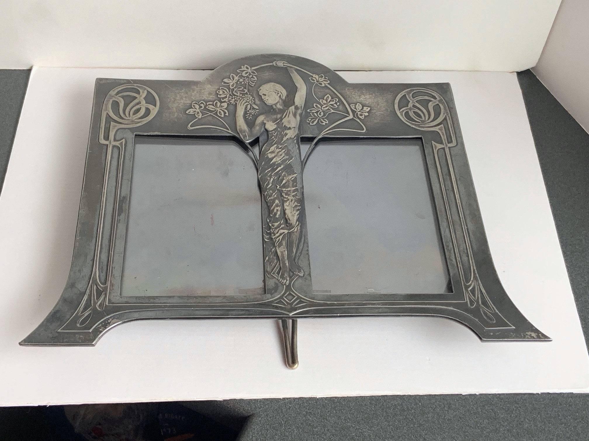 German Art Nouveau photo stand frame, c. 1900, WMF company mark, Geislingen, plated, double frame with ornamental and figural decoration, silver plating rubbed