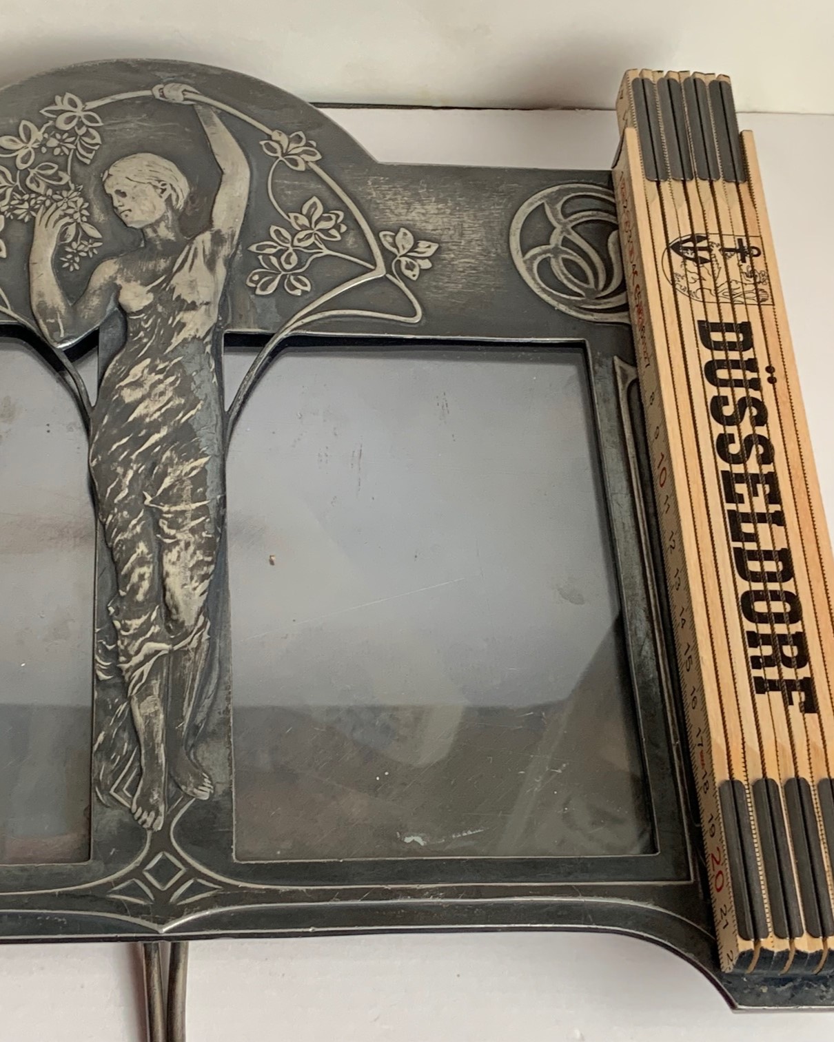 German Art Nouveau photo stand frame, c. 1900, WMF company mark, Geislingen, plated, double frame with ornamental and figural decoration, silver plating rubbed