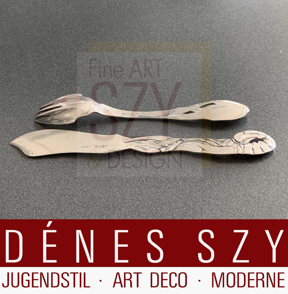 Paio di posate da pesce Art Nouveau con decoro di animali marini: polpo e aragosta o gambero di fiume, Peter Bruckmann, Heilbronn, Germania, Argento 800