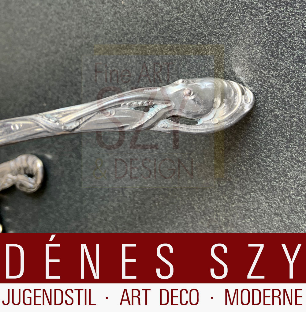 Paio di posate da pesce Art Nouveau con decoro di animali marini: polpo e aragosta o gambero di fiume, Peter Bruckmann, Heilbronn, Germania, Argento 800