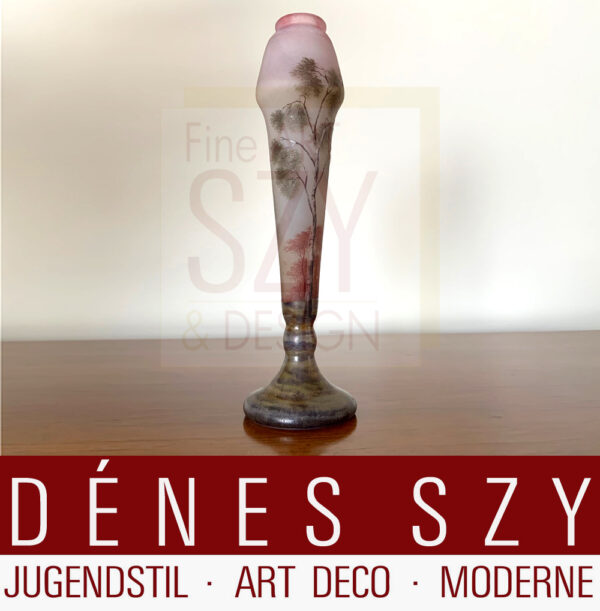 Vaso Art Nouveau con paesaggio primaverile, inizio primavera, Daum Frères Nancy, Francia intorno al 1900, firmato Daum Nancy con Croce di Lorena