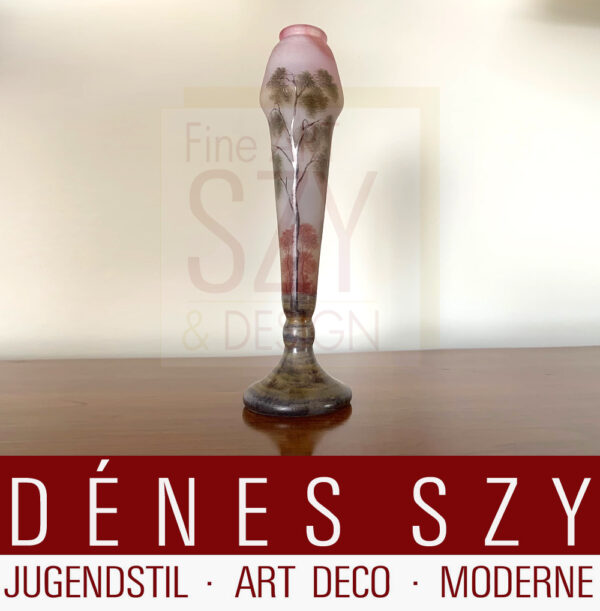 Vaso Art Nouveau con paesaggio primaverile, inizio primavera, Daum Frères Nancy, Francia intorno al 1900, firmato Daum Nancy con Croce di Lorena