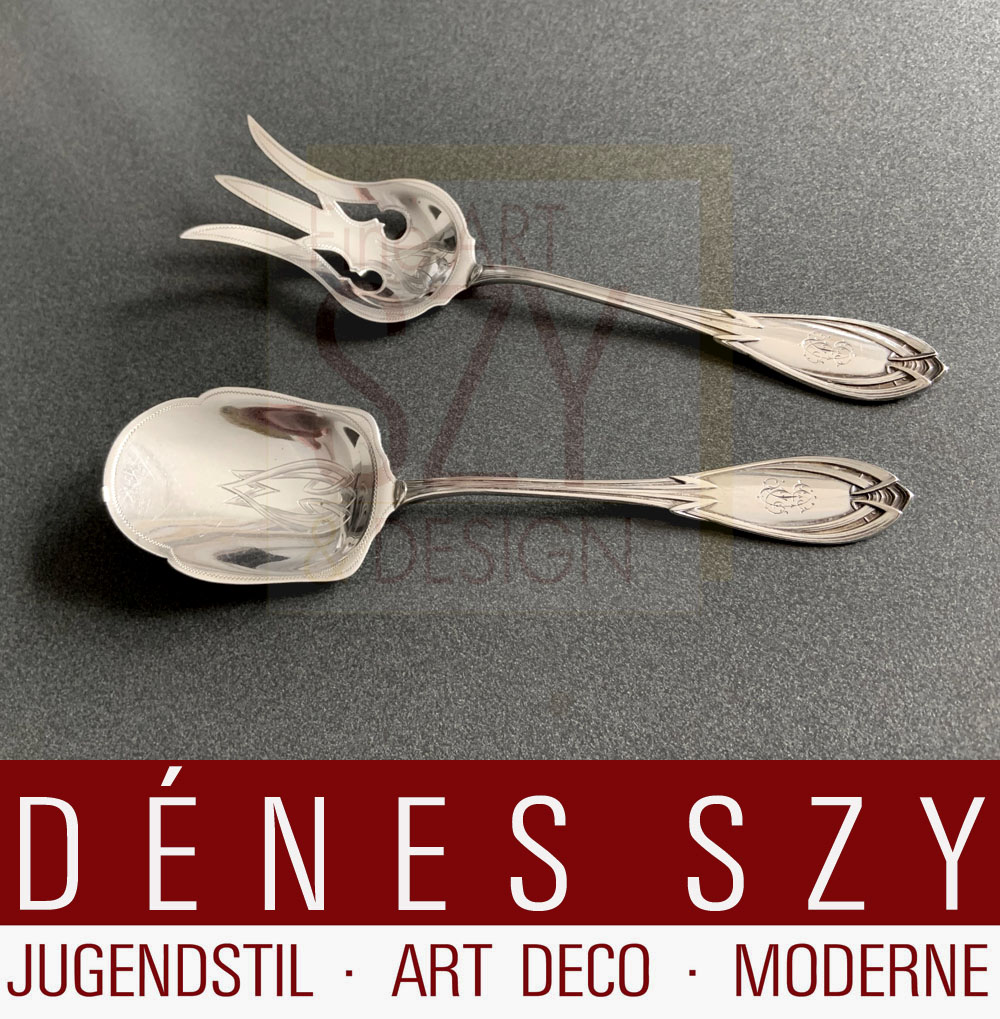 Paio di posate da portata in stile liberty, Franz Bahner AG, Duesseldorf, 1900 circa, Germania, modello 4300. Argento 800