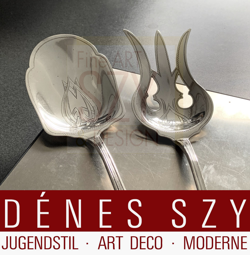 Paio di posate da portata in stile liberty, Franz Bahner AG, Duesseldorf, 1900 circa, Germania, modello 4300. Argento 800