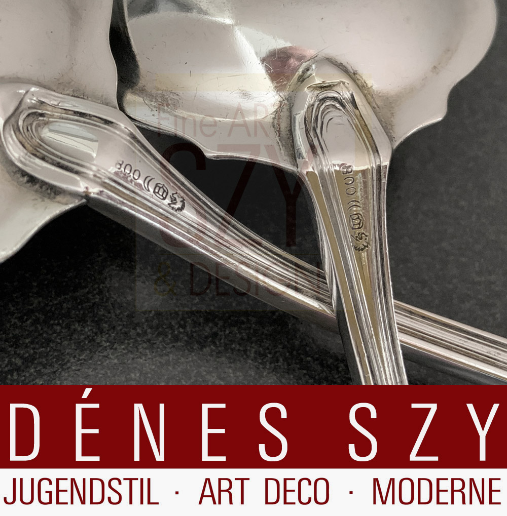 Paio di posate da portata in stile liberty, Franz Bahner AG, Duesseldorf, 1900 circa, Germania, modello 4300. Argento 800