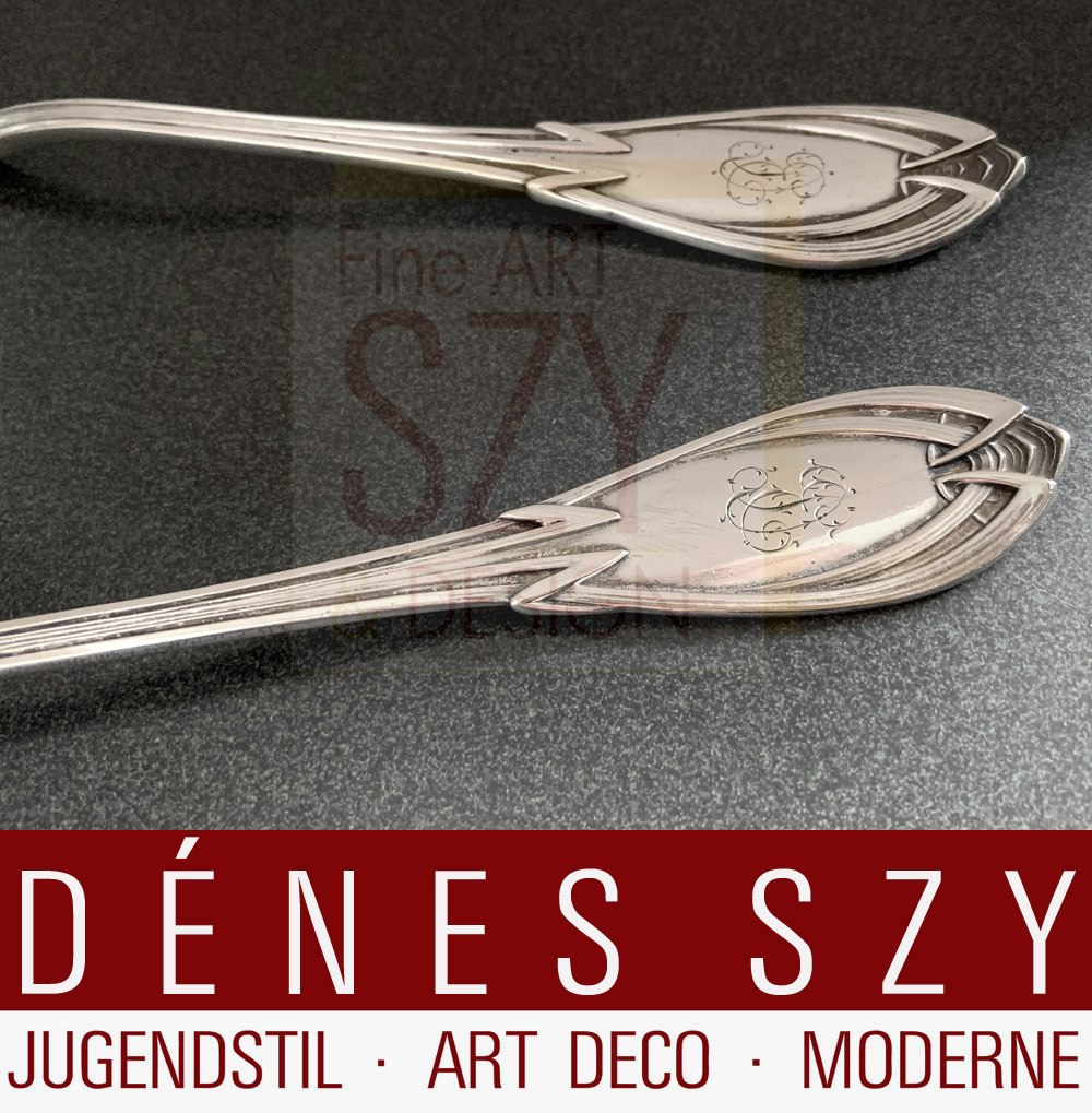 Paio di posate da portata in stile liberty, Franz Bahner AG, Duesseldorf, 1900 circa, Germania, modello 4300. Argento 800