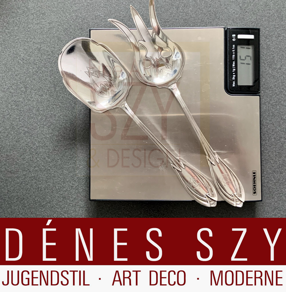 Paio di posate da portata in stile liberty, Franz Bahner AG, Duesseldorf, 1900 circa, Germania, modello 4300. Argento 800
