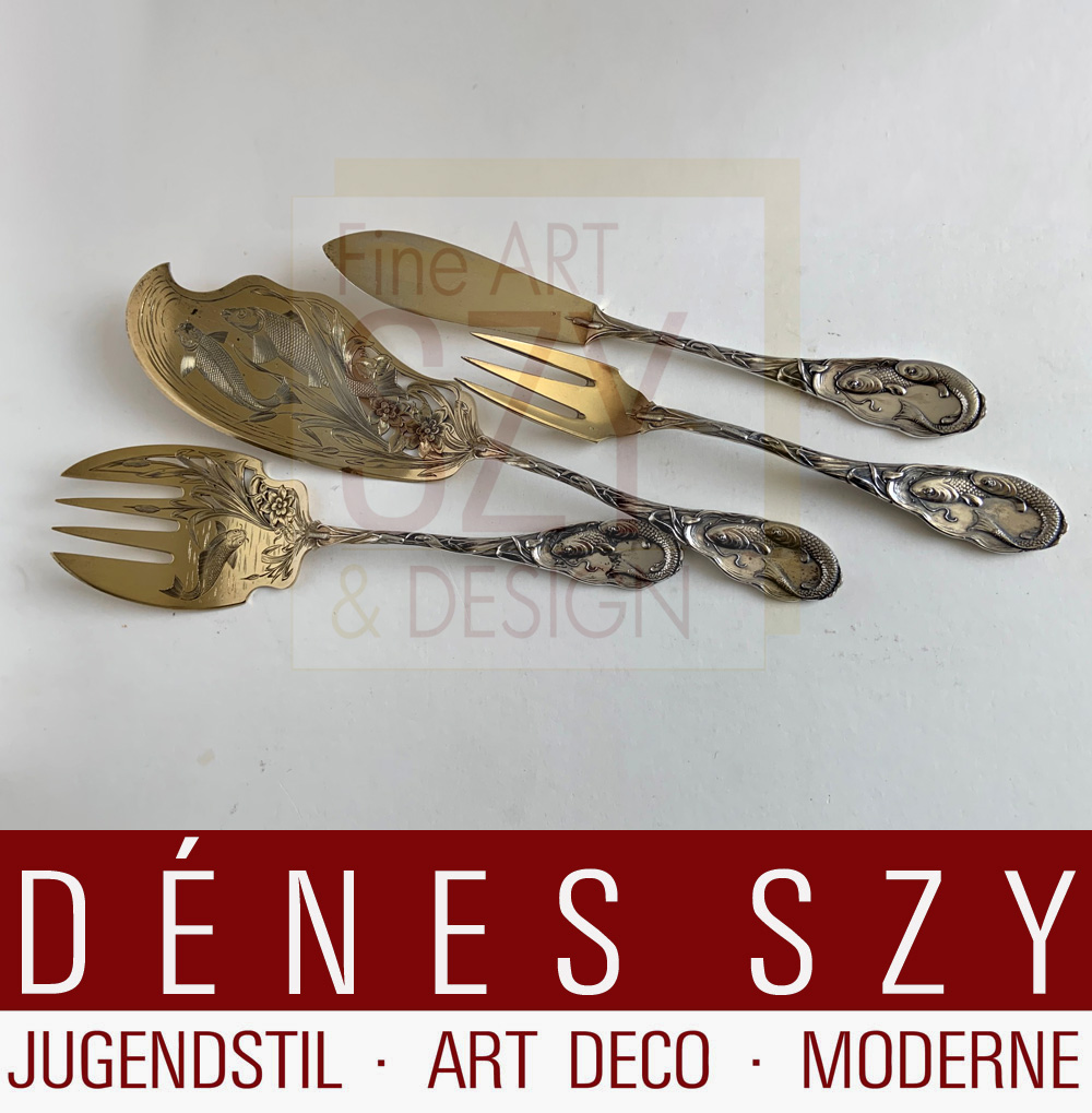 Posate di pesce Art Nouveau modello #6347, per 12 persone + posate da service, 26 pezzi, Peter Bruckmann Heilbronn, Germania ca 1900, argento 800, parzialmente dorato