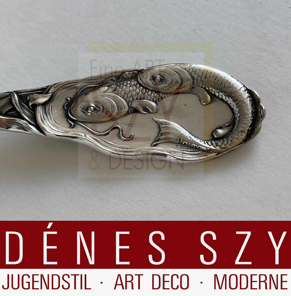Posate di pesce Art Nouveau modello #6347, per 12 persone + posate da service, 26 pezzi, Peter Bruckmann Heilbronn, Germania ca 1900, argento 800, parzialmente dorato