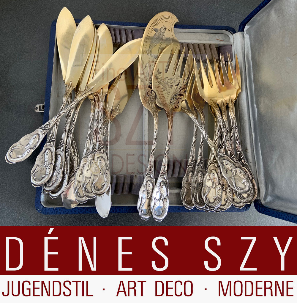 Posate di pesce Art Nouveau modello #6347, per 12 persone + posate da service, 26 pezzi, Peter Bruckmann Heilbronn, Germania ca 1900, argento 800, parzialmente dorato