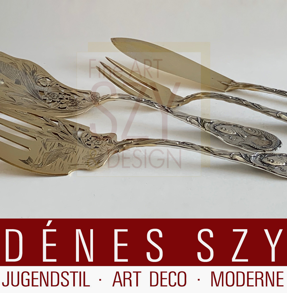 Posate di pesce Art Nouveau modello #6347, per 12 persone + posate da service, 26 pezzi, Peter Bruckmann Heilbronn, Germania ca 1900, argento 800, parzialmente dorato