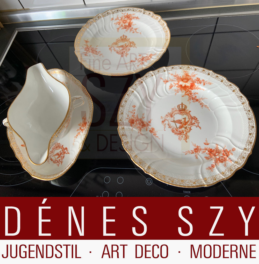 Salsiera con piattino fisso dal servizio da tavola reale prussiano, aquila prussiana con FR per Federico il Grande, Esecuzione: KPM Berlino 1909