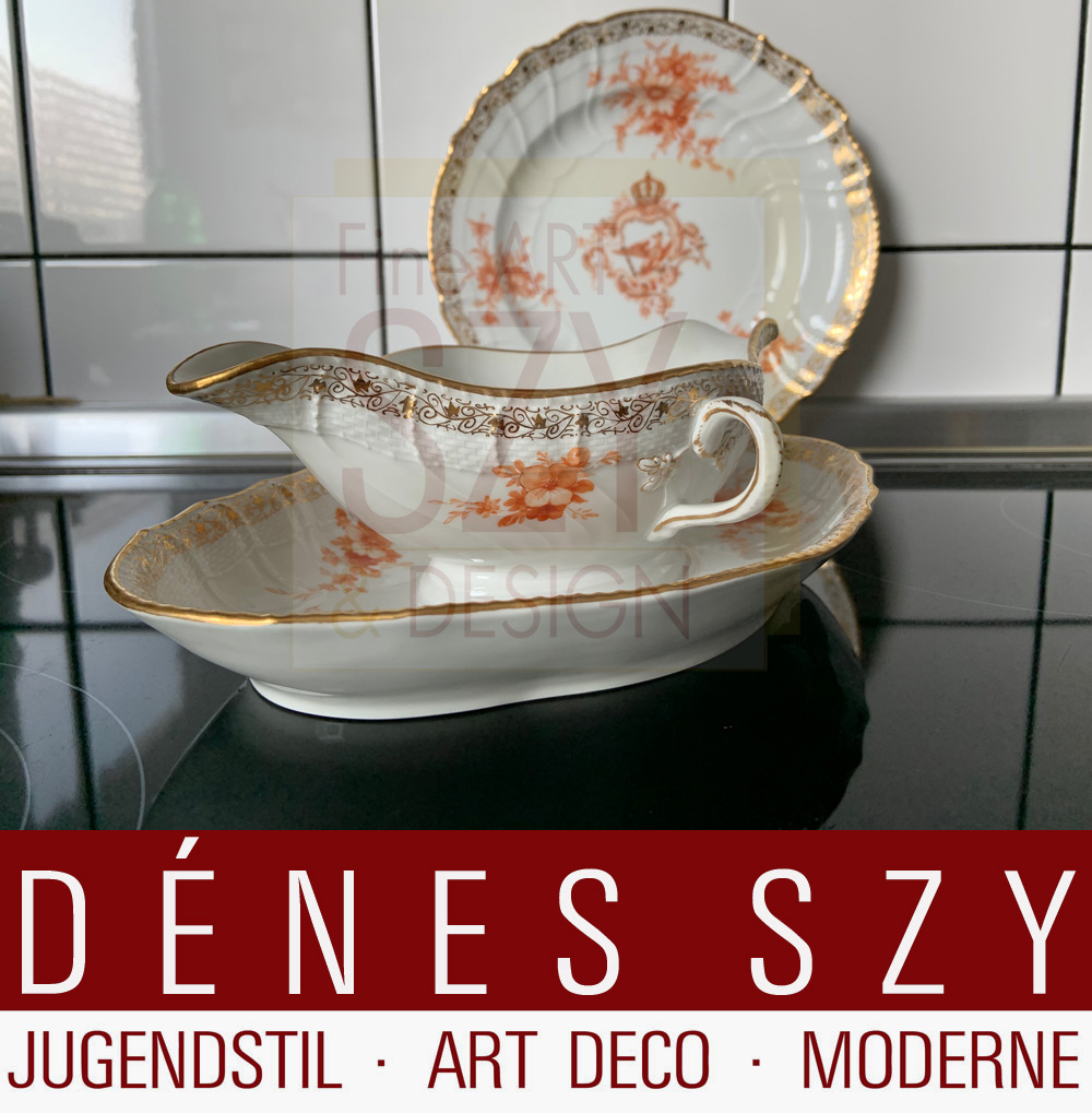 Salsiera con piattino fisso dal servizio da tavola reale prussiano, aquila prussiana con FR per Federico il Grande, Esecuzione: KPM Berlino 1909