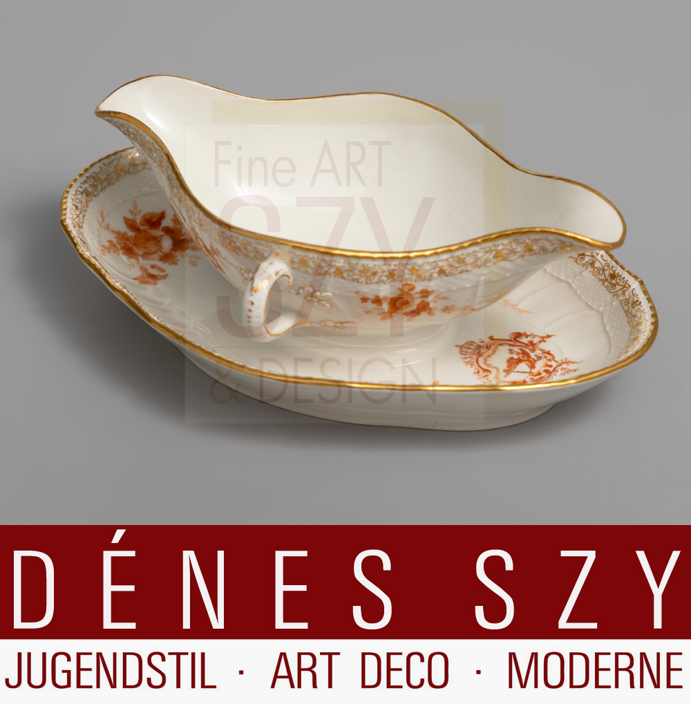 Sauciere mit festem Unterteller aus dem königlich preussischen Tafelservice, Modell Neuosier, preussischer Adler mit FR Friedrich d Große, KPM Berlin 1909