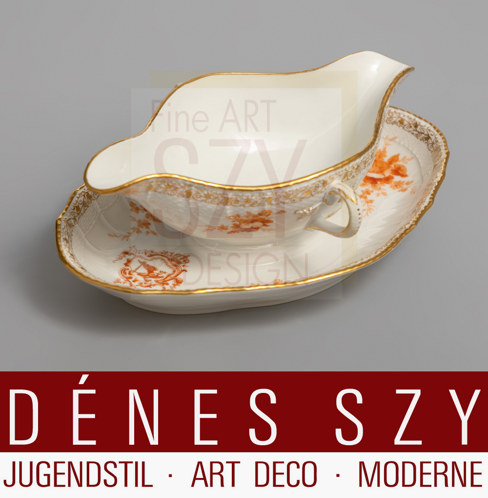 Sauciere mit festem Unterteller aus dem königlich preussischen Tafelservice, Modell Neuosier, preussischer Adler mit FR Friedrich d Große, KPM Berlin 1909