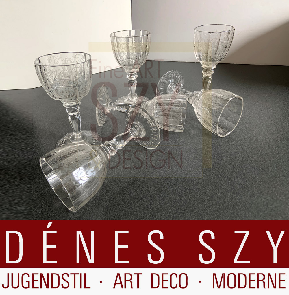 Set: sei bicchieri da vino della serie “Maria Theresia”, Design: Stefan Rath 1910, Esecuzione: Josef Lobmeyr Glasmanufaktur, Wien - Vienna, Österreich / Austria, Bicchieri in cristallo, inciso e firmato