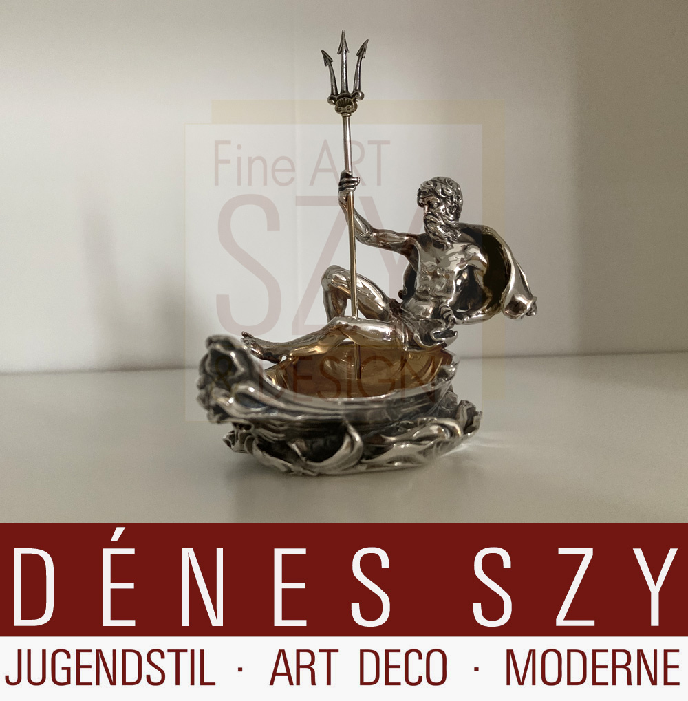 Saliera a forma di barca con la figura di Nettuno / Poseidone, Progettazione ed esecuzione: Koch & Bergfeld, Brema, Argento 925, parzialmente dorato