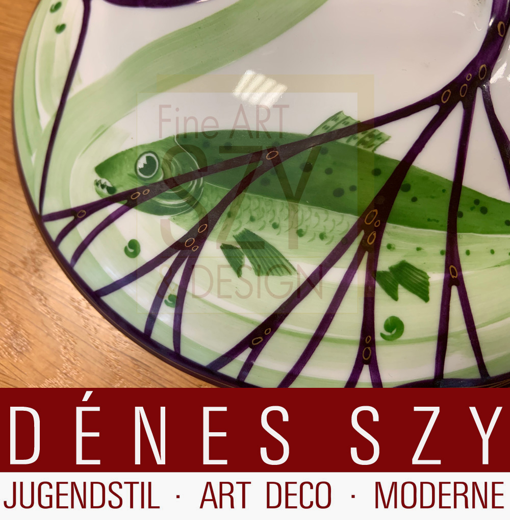 Jugendstil Porzellan Deckelterrine entworfen von Hermann Gradl 1899-1900, aus dem berühmten Fischservice von Nymphenburg, für die Weltausstellung Paris 1900