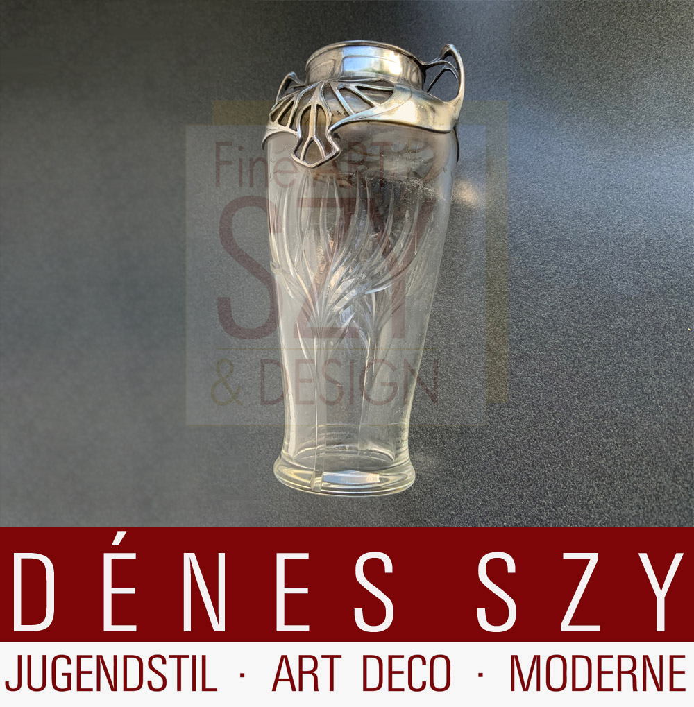 Vaso Art Nouveau a due manici # 2416, ORIVIT vaso Art Nouveau in peltro, Esecuzione: Orivit AG, Coeln-Braunsfeld intorno al 1904, Germania, Metallo Orivit, peltro argentato, cristallo