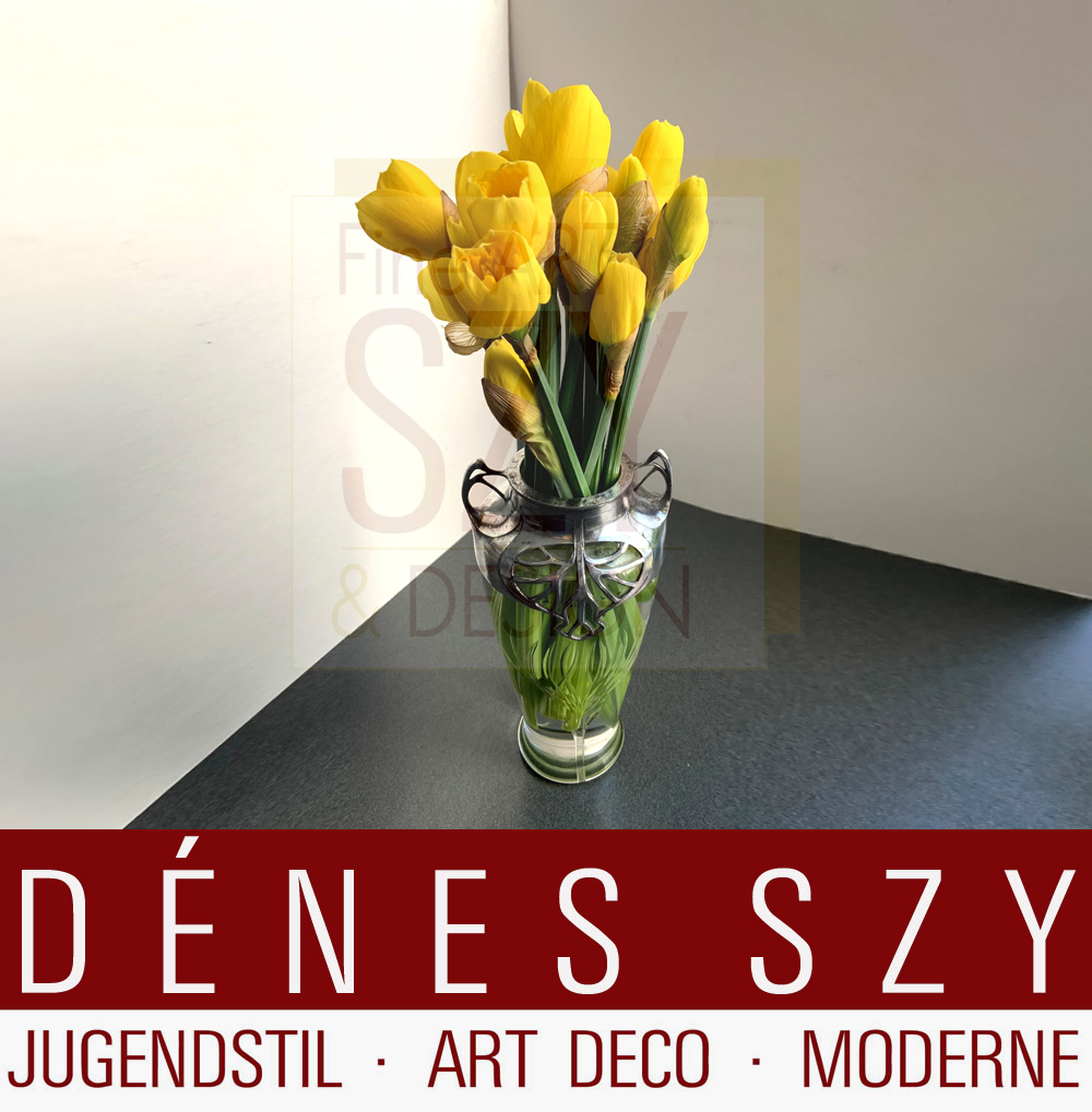 Vaso Art Nouveau a due manici # 2416, ORIVIT vaso Art Nouveau in peltro, Esecuzione: Orivit AG, Coeln-Braunsfeld intorno al 1904, Germania, Metallo Orivit, peltro argentato, cristallo