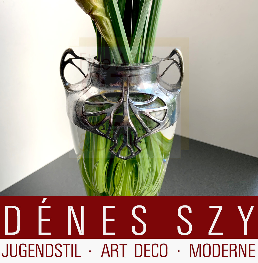 Jugendstil Vase #2416, ORIVIT Jugendstilzinn Vase, Ausführung: Fa. Orivit AG, Coeln-Braunsfeld um 1904, Deutschland, Orivit-Metall, Zinn versilbert, Kristallglas
