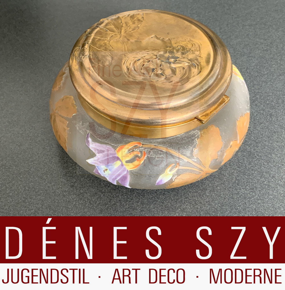 Bomboniera Art Nouveau #2531, con corpo in vetro di Legras & Cie., St. Denis, Francia, ORIVIT AG, Colonia Ehrenfeld, Germania ca. 1904