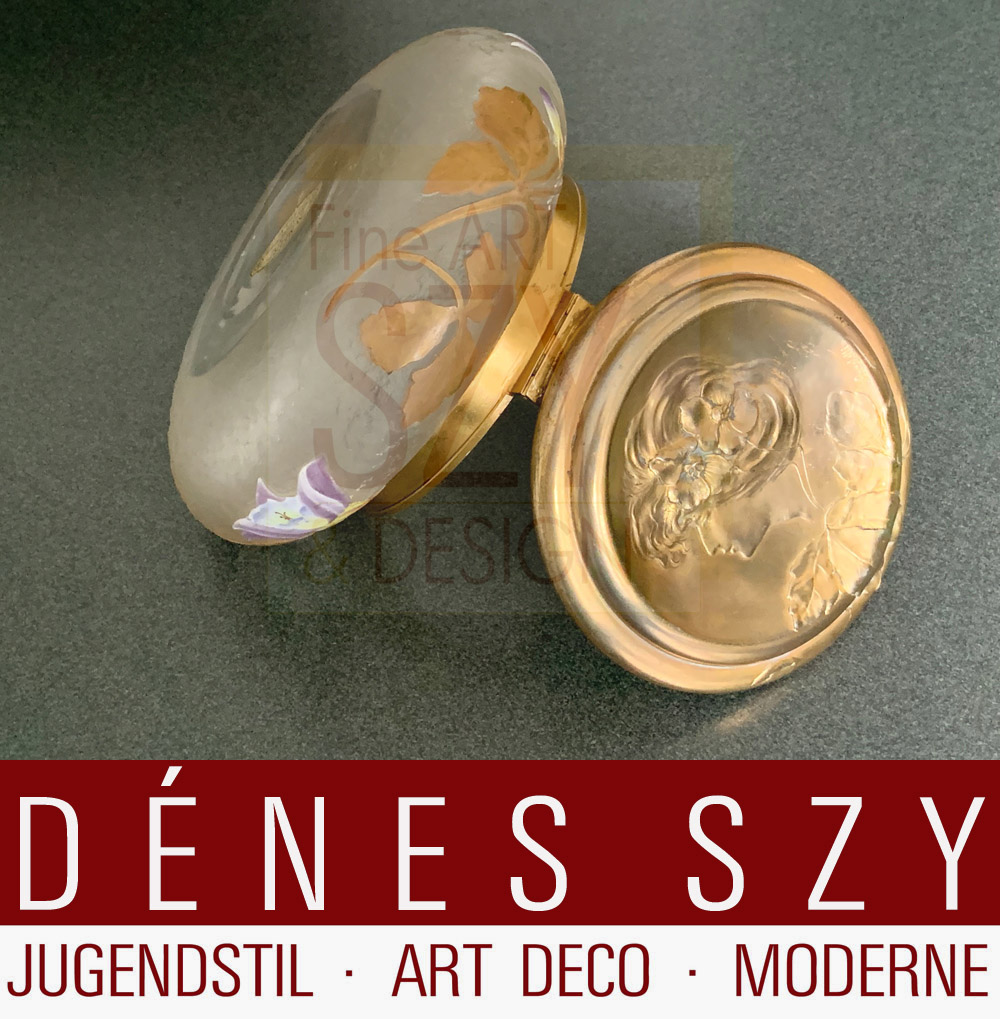 Bomboniera Art Nouveau #2531, con corpo in vetro di Legras & Cie., St. Denis, Francia, ORIVIT AG, Colonia Ehrenfeld, Germania ca. 1904