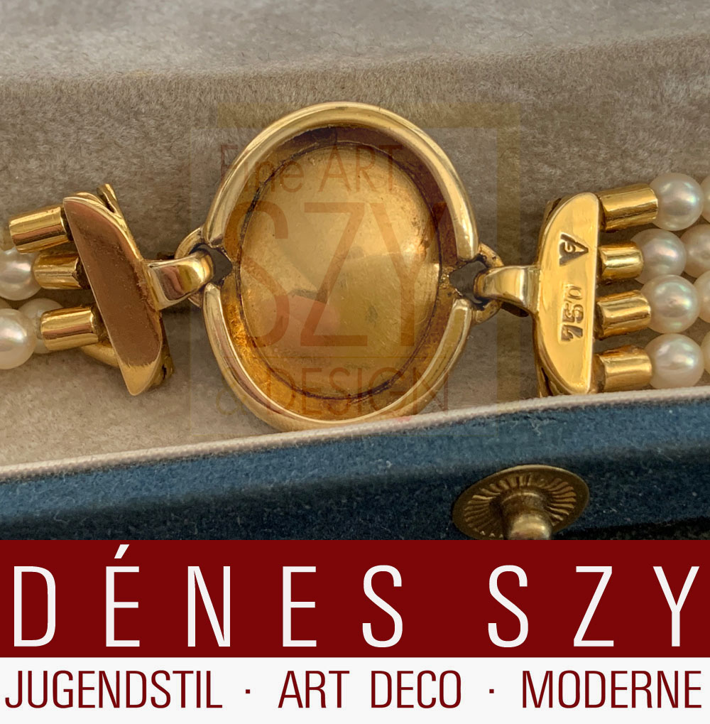 Collana di perle Akoya, oro giallo 18 ct. e opale, Mid-Century modern, in scatola originale, Design ed esecuzione: Gertrud Weber-Vogel, Germania anni '60