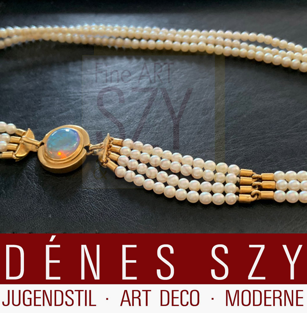Collana di perle Akoya, oro giallo 18 ct. e opale, Mid-Century modern, in scatola originale, Design ed esecuzione: Gertrud Weber-Vogel, Germania anni '60