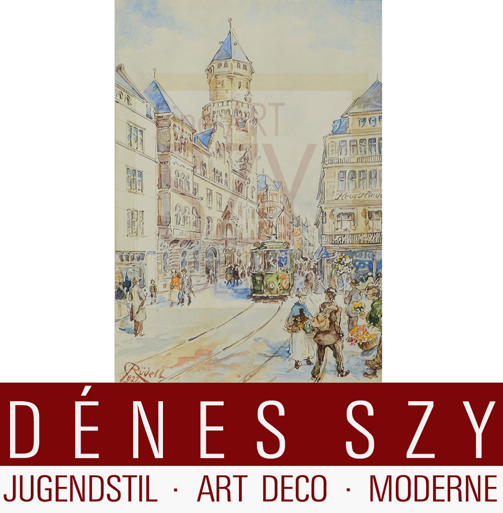 Rüdell, Carl (1855 Treviri - 1939 Colonia), Vista storica di Neumarkt verso Schildergasse a Colonia con sede della polizia, Acquerello su carta.